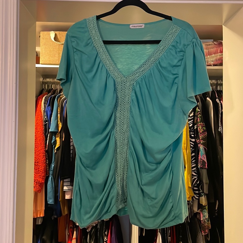 Flattering sea foam blue-ish green top with flutter sleeves